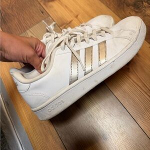 Adidas White Sneakers with Metallic Stripes
